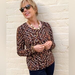 Chicos Bohemian Floral Geometric Block Layering Long Sleeve Tee Shirt